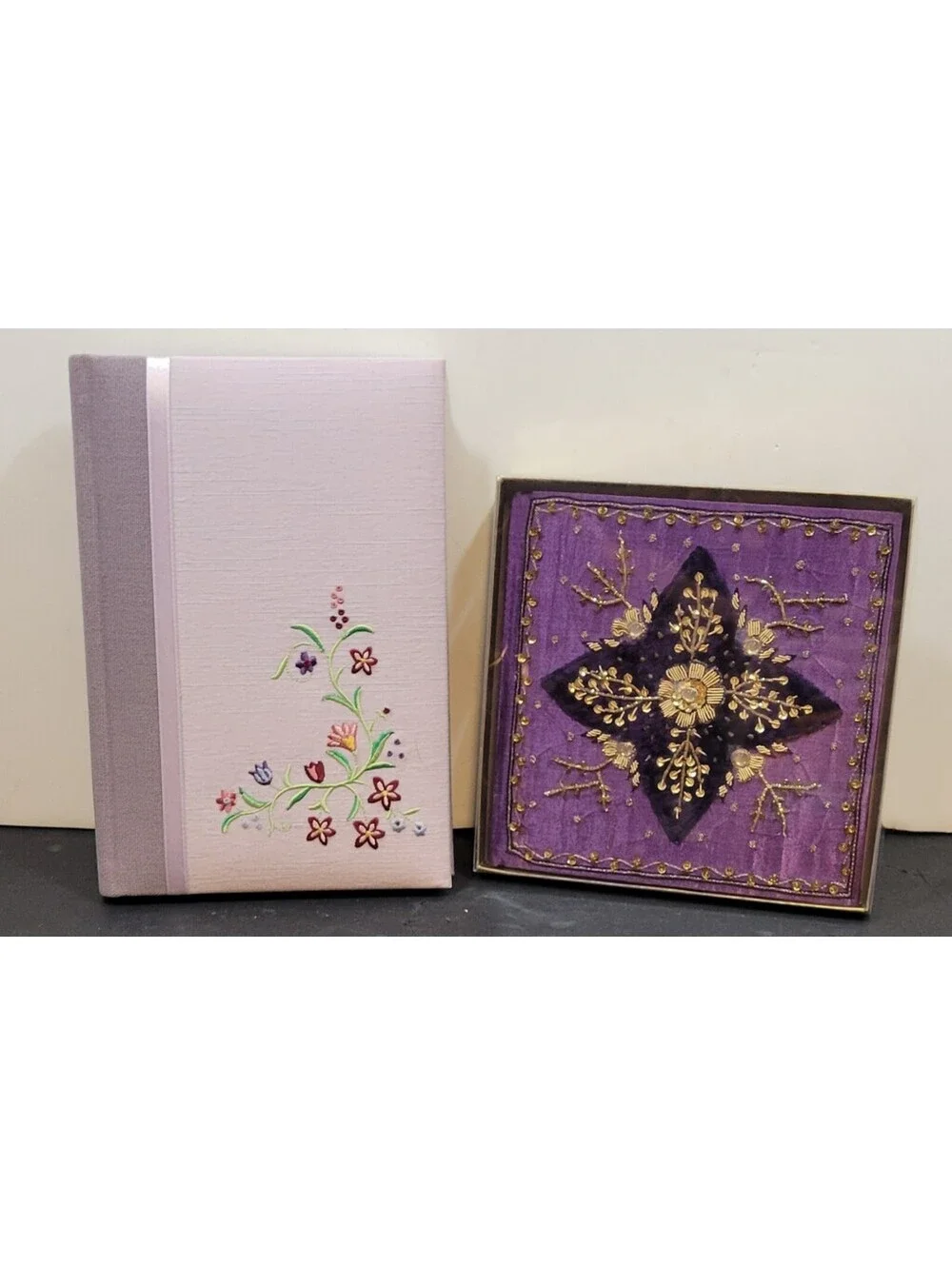 Purple Embroidered Notebooks/Stationery Floral Design & Sequins - Lot of 2